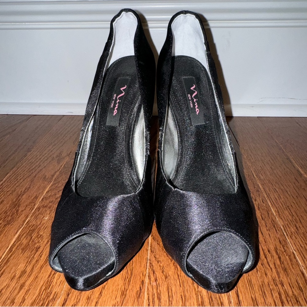 Nina Black Satin Peep Toe Open Toe High Heels 8 - Picture 5 of 6